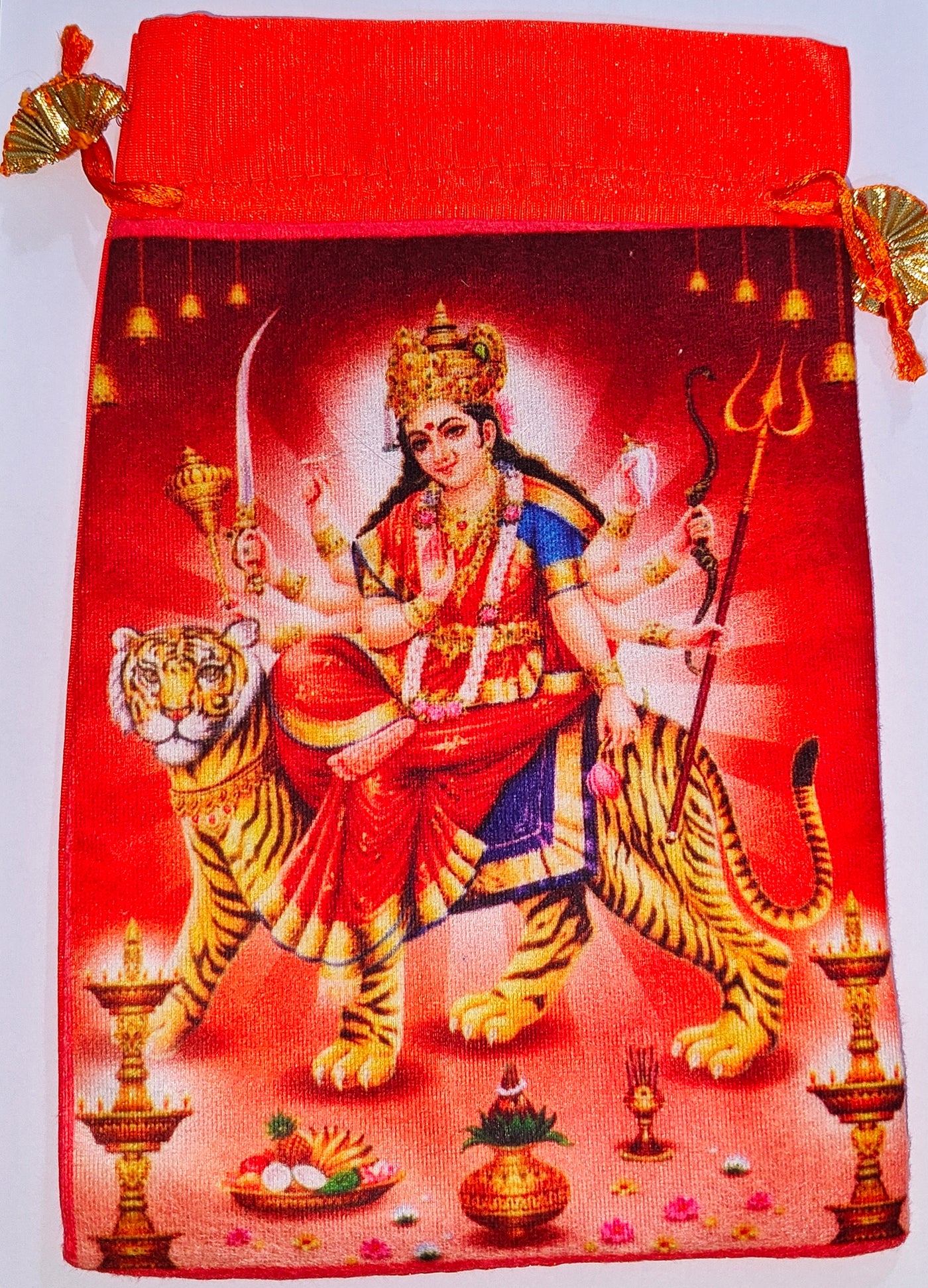 25 pieces Maa Vaishno Devi (Durga) bags to keep religious goods or distribute prasad - Orange colored