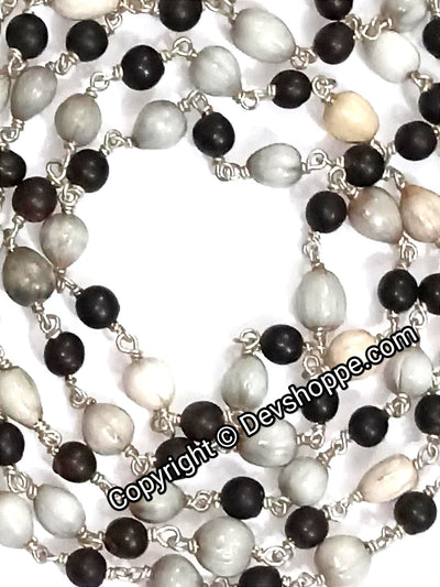 White Vaijanti beads and Black Vaijanti beads combination mala in silver with Shaligram pendant