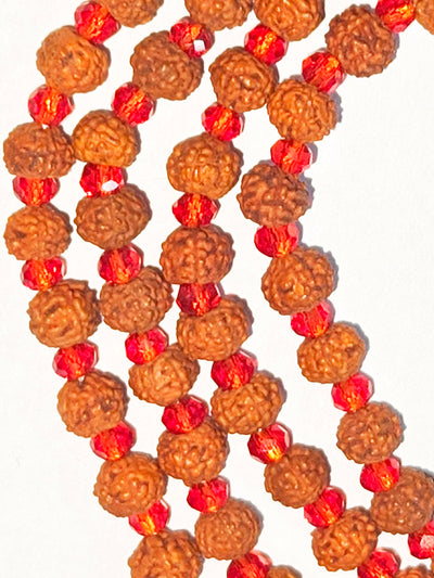 Rudraksha mala 4 mm with Red glass spacers