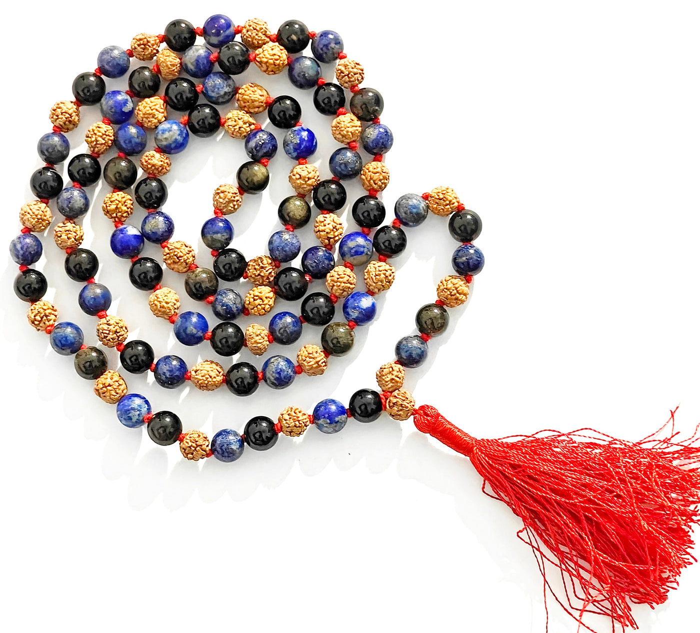 Rudraksha, Lapiz lazuli and Black onyx with golden sheen combination mala of Premium quality