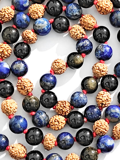 Rudraksha, Lapiz lazuli and Black onyx with golden sheen combination mala of Premium quality