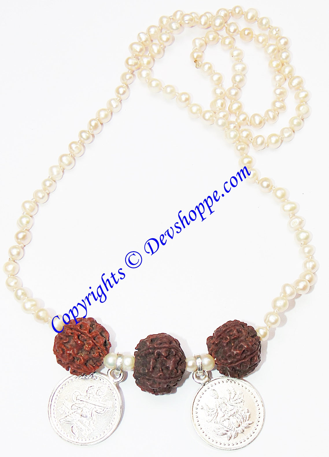 Pearl mala for kids with Sri Saraswati yantra & Sri Gayatri silver yantra pendants