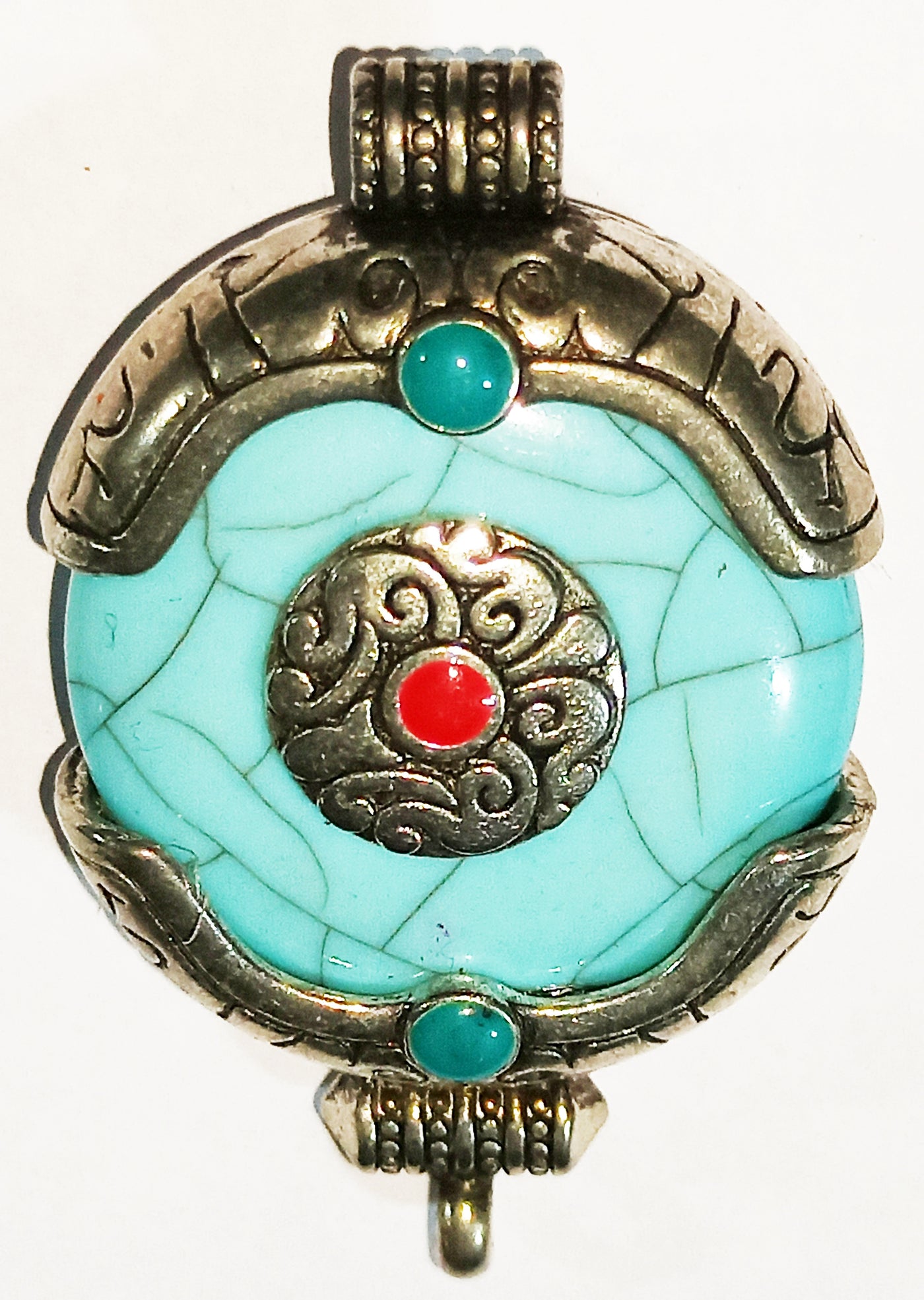 Ethnic Tibetan Blue Resin Ghau Amulet Charm Pendant with Tibetan Silver Caps, Auspicious Conch symbol & Coral bead Inlay Accent - Devshoppe