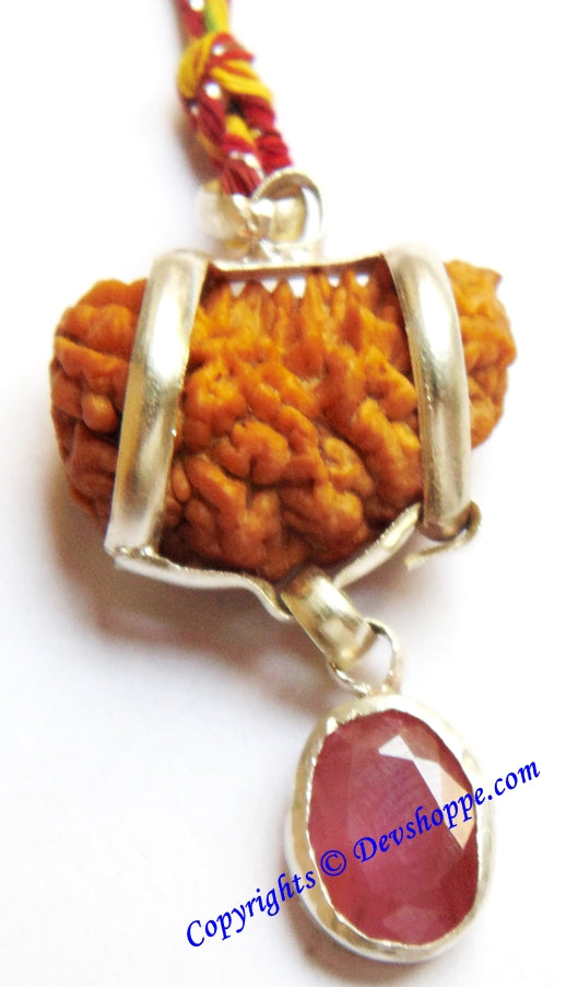 One Faced Rudraksha (1 Mukhi) Silver Pendant with Ruby Gemstone - Devshoppe