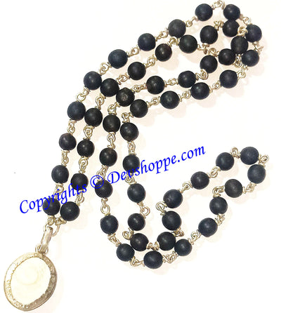 Black Vaijanti mala in silver with Gomti Chakra pendant - Devshoppe