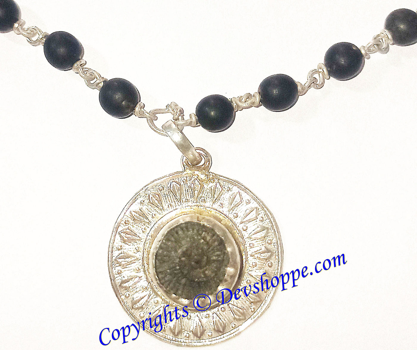 Shaligram Sudarshan Pendant in Black Vaijanti mala - Devshoppe