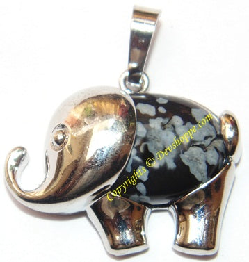 Snowflake Obsidian Elephant pendant in white metal - Devshoppe