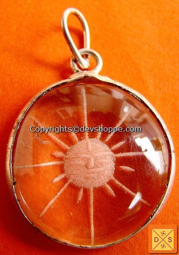 "Surya" (Sun) hand Carved Crystal Pendant in White metal - Devshoppe