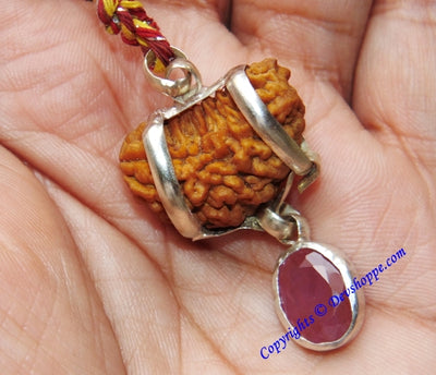 One Faced Rudraksha (1 Mukhi) Silver Pendant with Ruby Gemstone - Devshoppe