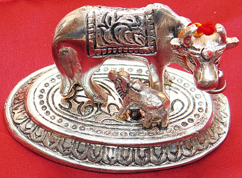 Kamadhenu (Kamdhenu) cow and calf white metal idol - Devshoppe