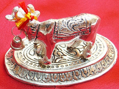 Kamadhenu (Kamdhenu) cow and calf white metal idol - Devshoppe