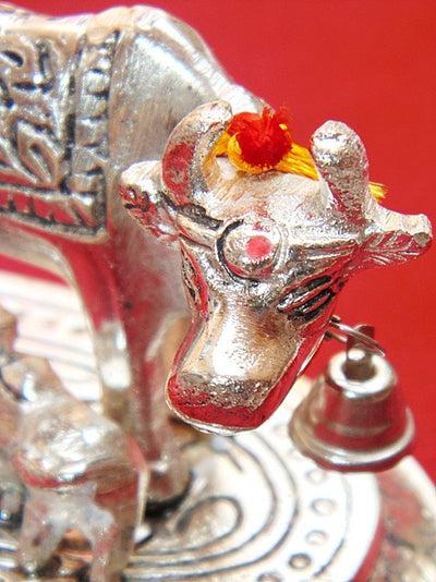 Kamadhenu (Kamdhenu) cow and calf white metal idol - Devshoppe