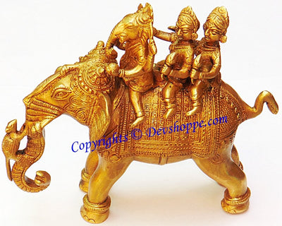 Ganesha Riding Elephant with Two Consorts Riddhi and Siddhi brass idol - Devshoppe