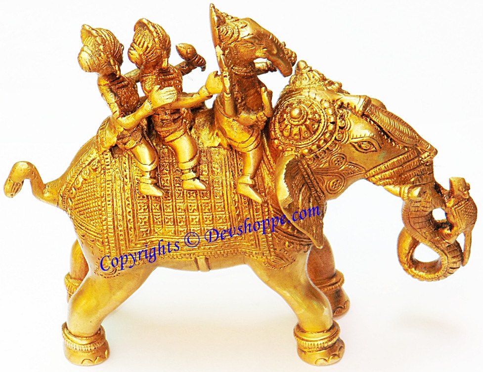 Ganesha Riding Elephant with Two Consorts Riddhi and Siddhi brass idol - Devshoppe