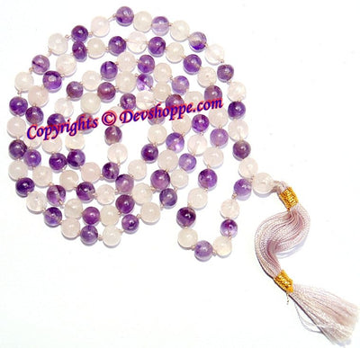 Amethyst Rose Quartz combination mala of premium quality beads - Devshoppe