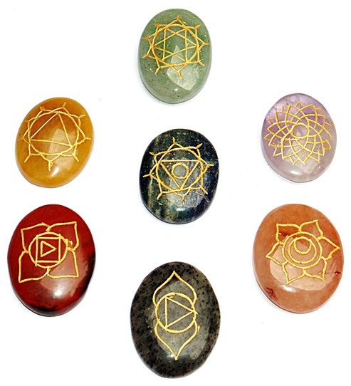 7 Chakra Reiki Healing Stones Set Energized & Purified with Engraved Chakra Symbol on it - Devshoppe