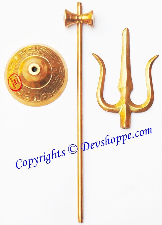 Brass Folding Trishul (Shiva's Trident) with Damru / Damaru 18 inches - Devshoppe