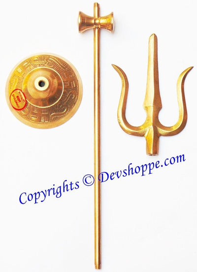 Brass Folding Trishul (Shiva's Trident) with Damru (Damaru) 24 inches - Devshoppe