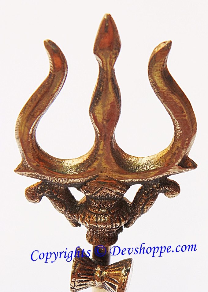 Brass Folding Trishul (Shiva's Trident) with Damru (Damaru) 9 inches - Devshoppe