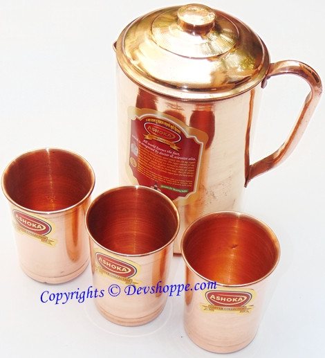 Pure Copper jug large sized with 3 pure copper glasses - Devshoppe