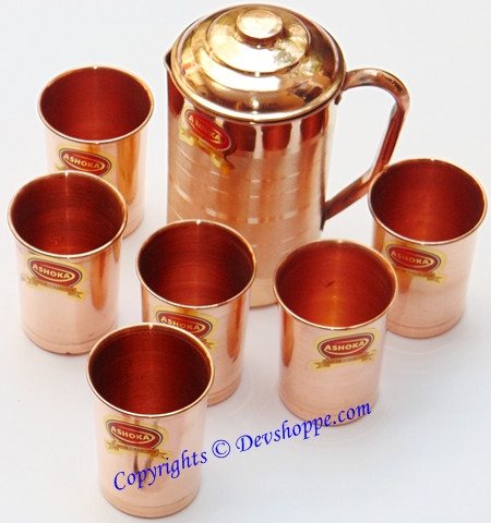 Pure Copper jug medium sized with 6 copper glasses - Devshoppe