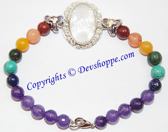 Sri Ganesha, Ridhi , Sidhi ,Sriyantra (Sri yantra) carved on Sphatik (Crystal) stone with Chakra beads bracelet - Devshoppe