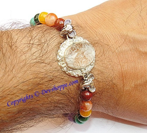 Sri Ganesha, Ridhi , Sidhi ,Sriyantra (Sri yantra) carved on Sphatik (Crystal) stone with Chakra beads bracelet - Devshoppe