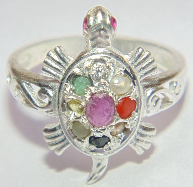 Silver Tortoise shaped ring with Navratna stones - Devshoppe