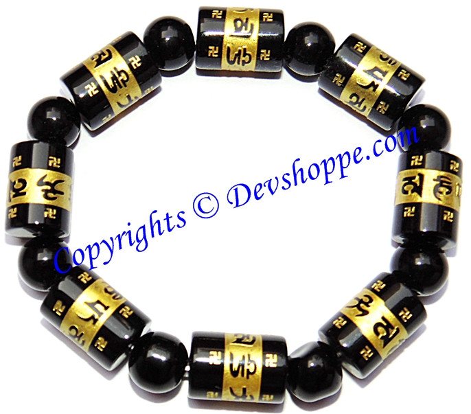 Tibetan black Agate bead carve Mantra Aum mani padme hum Amulet Bracelet - Devshoppe