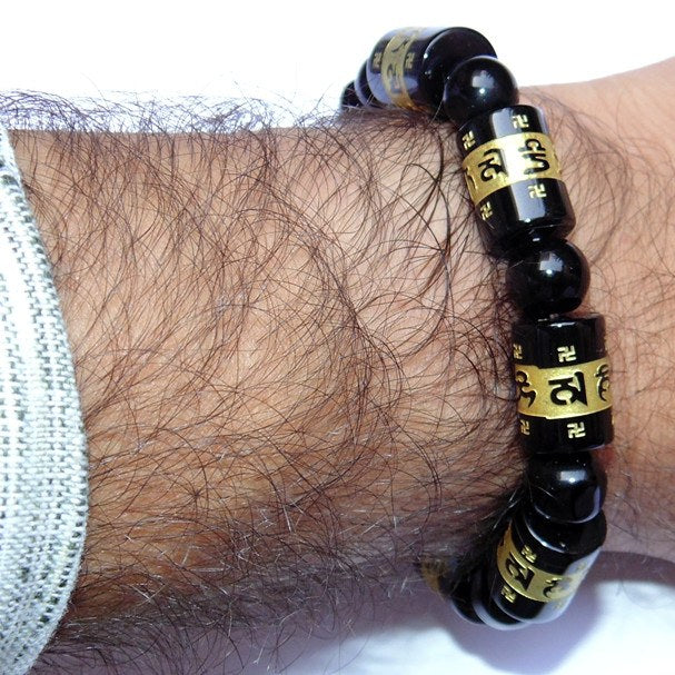 Tibetan black Agate bead carve Mantra Aum mani padme hum Amulet Bracelet - Devshoppe