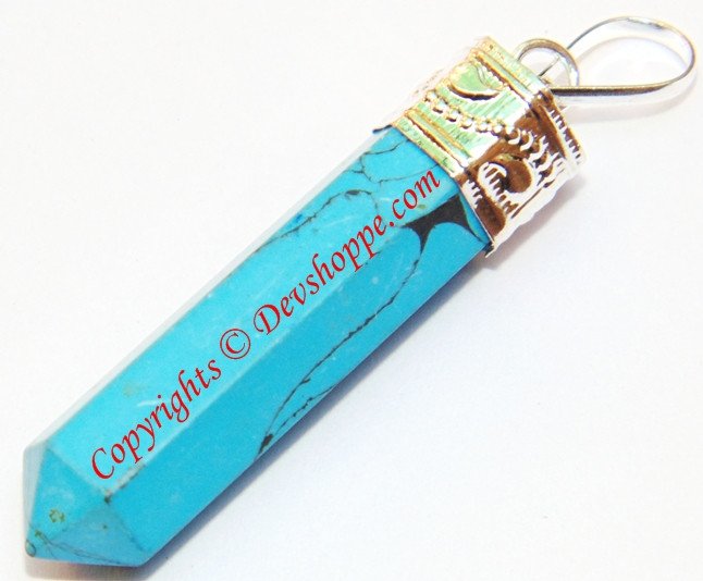 Turquoise (Firoza) pencil shaped pendant in white metal - Devshoppe