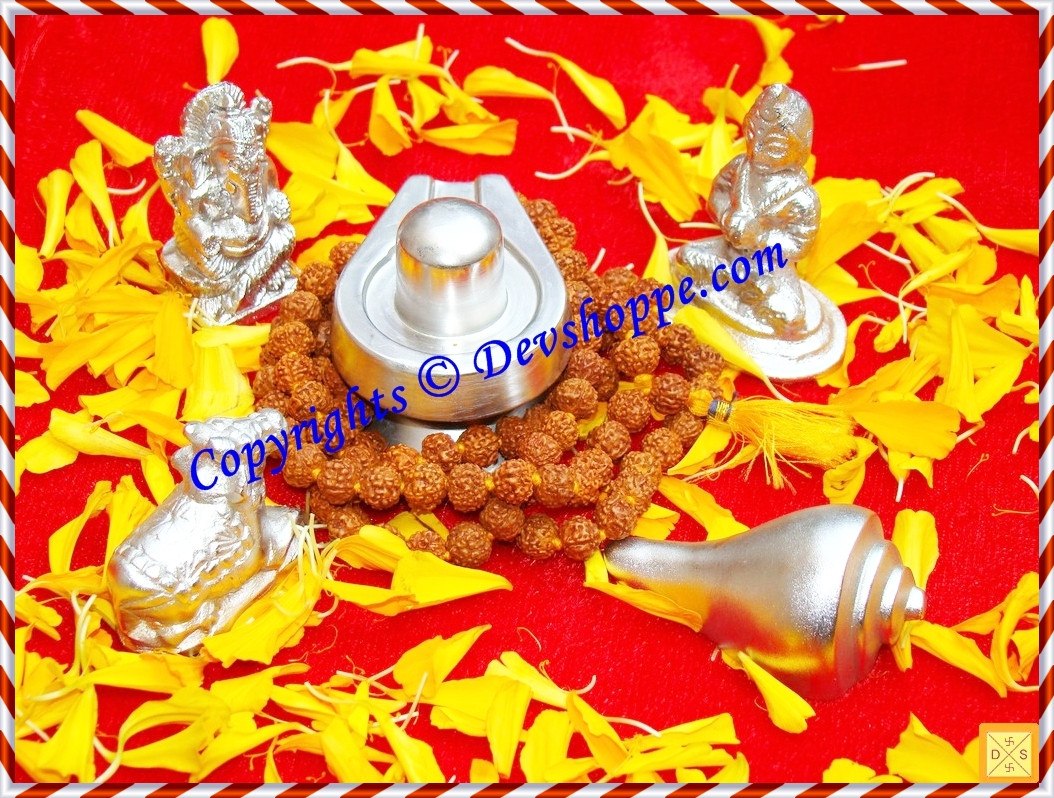 Combo deal 4 - Parad Shivlinga + Parad Shankha + Parad Nandi + Parad Ganesha + Parad Parvati + Free Rudraksha mala - Devshoppe