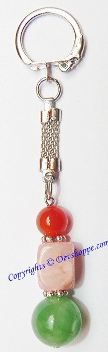 Green Jade , Rose Quartz and Carnelian Natural pebble tumbled stone keychain - Devshoppe