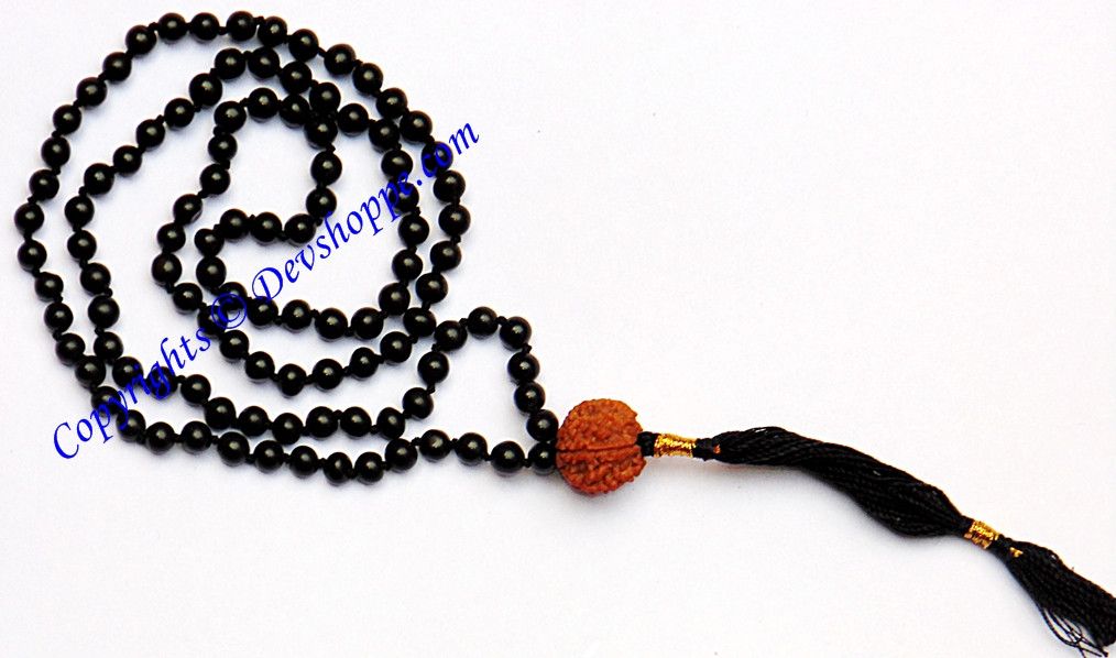 Black Hakik (Agate) mala for protection from black magic with Seven faced (7 mukhi) Rudraksha - Devshoppe