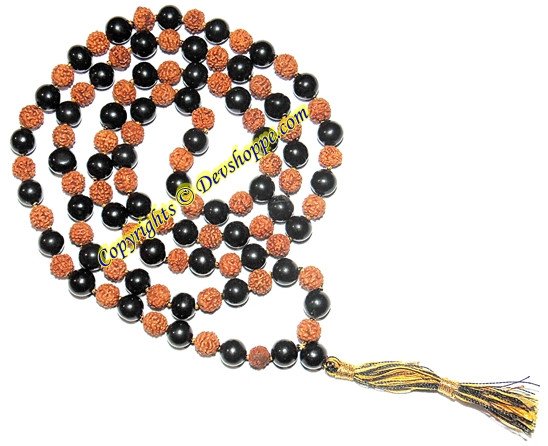 Rudraksha and Black hakik (Agate) combination mala for Protection and Power - Devshoppe