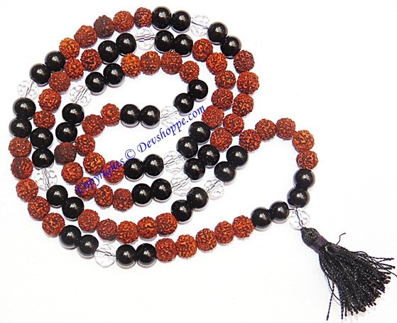 Rudraksha Black Agate (Hakik) combination mala for protection and power - Devshoppe