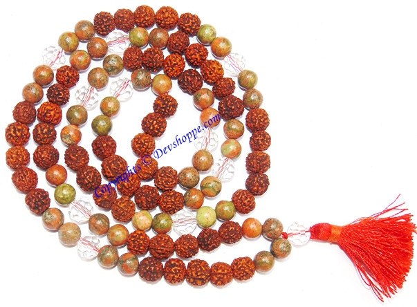 Rudraksha Unakite combination mala for protection and relieve stress - Devshoppe