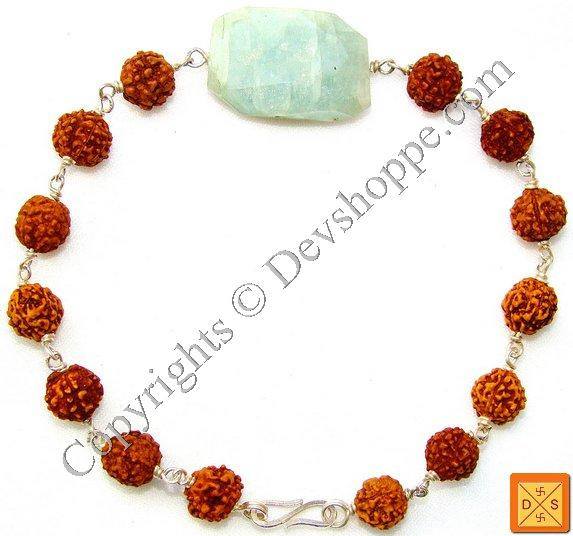 Rudraksha Silver Bracelet With Aquamarine Tumble - Devshoppe