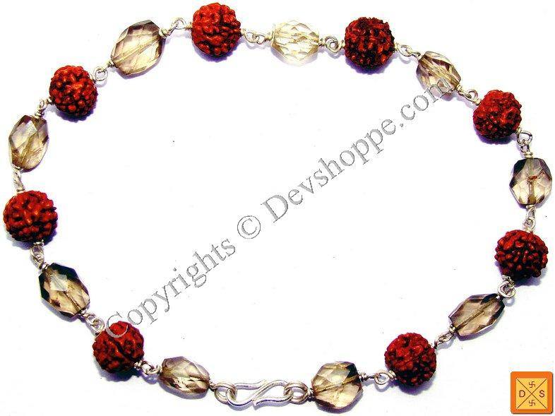 Rudraksha Smokey Quartz faceted beads Combination Bracelet in Silver - Devshoppe