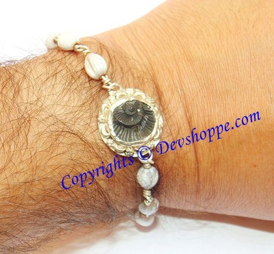 Shaligram Sudarshan shila bracelet in pure silver with Vaijanti beads - Devshoppe