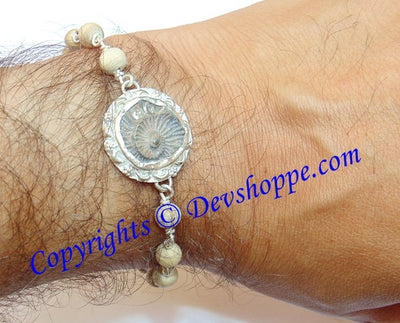 Shaligrama Sudarshan shila bracelet in pure silver with Tulsi beads - Devshoppe