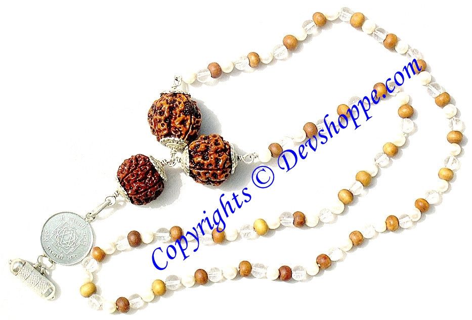 Saraswati Rudraksha Bandh with Saraswati yantra in Sandal , Sphatik and Pearl combination mala - Devshoppe